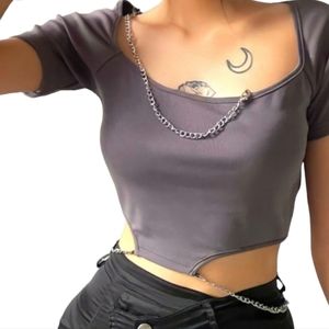 TOP L GREY CROP CUT OUT WITH CHAINS GOTH RAVE STREETWEAR SHIRT